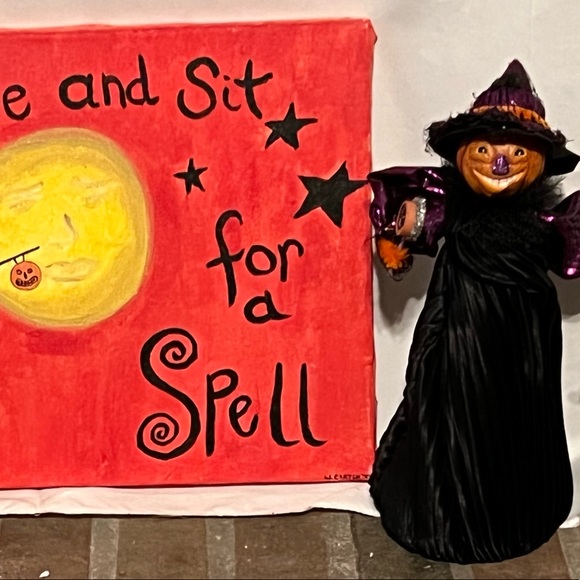 Halloween Witch Moon Folk Art Original Signed 2004 Painting Artist signed - Picture 6 of 13